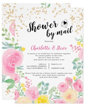 Printable pink yellow watercolor baby shower by mail invitation 2