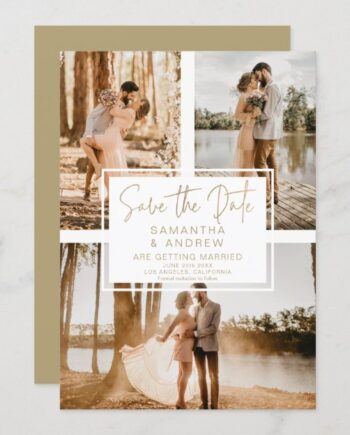 Simple gold save the date 3 photo grid collage announcement